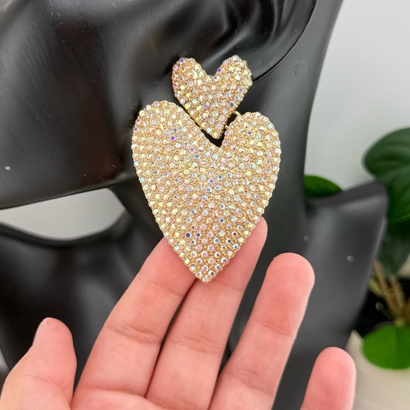 Statement Heart Earrings | Gold-Tone Rhinestone Drop Dangles - Picture 6 of 9